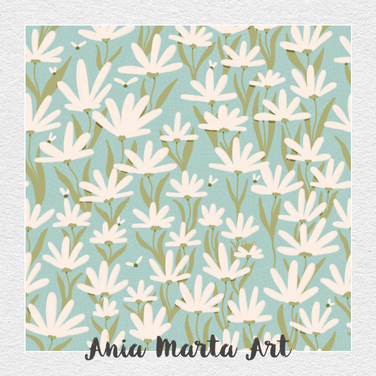 white flowers playful pattern by Ania Marta Art
