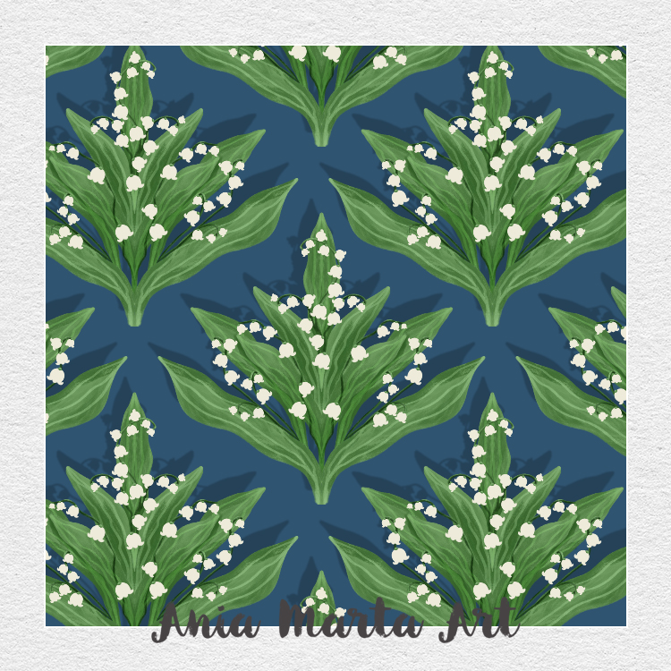 lilly of the valley pattern on dark blue by Ania Marta Art