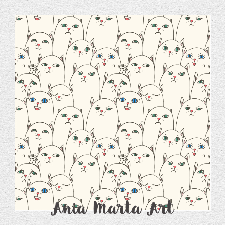 adorable cats handdrawn pattern for walppaper, DIY crafts by Ania Marta Art