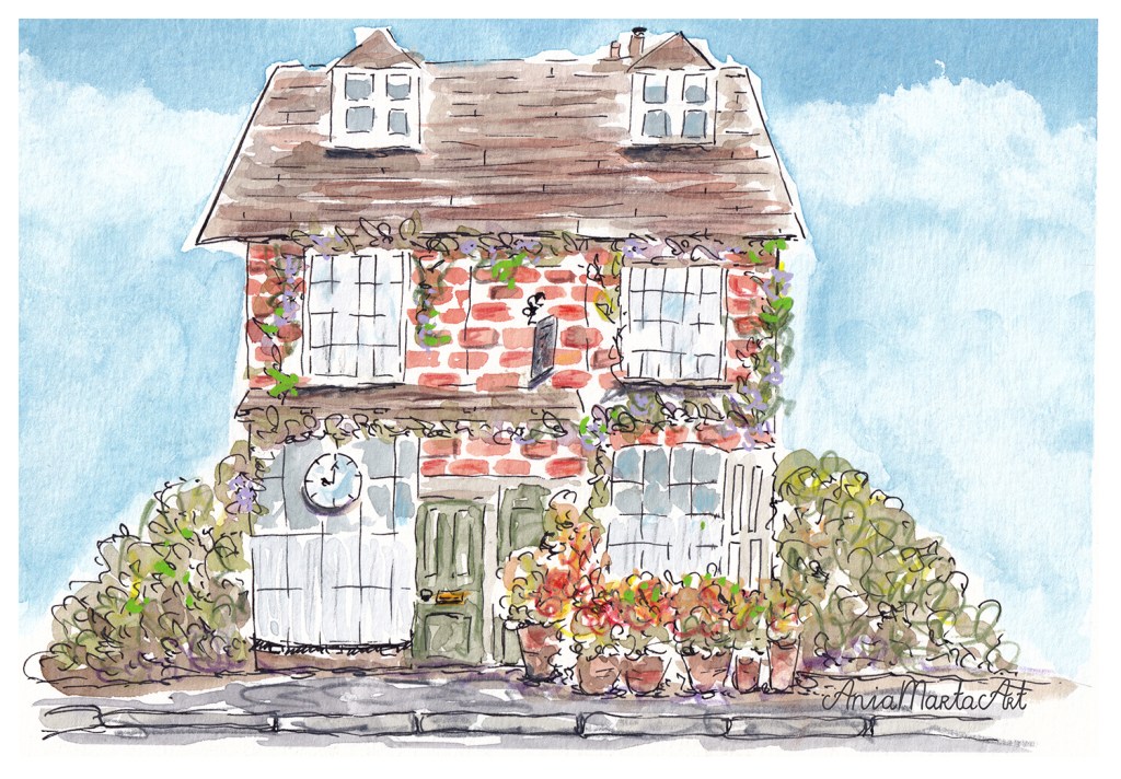 adorable watercolor and ink illustration of cottage by Ania Marta Art