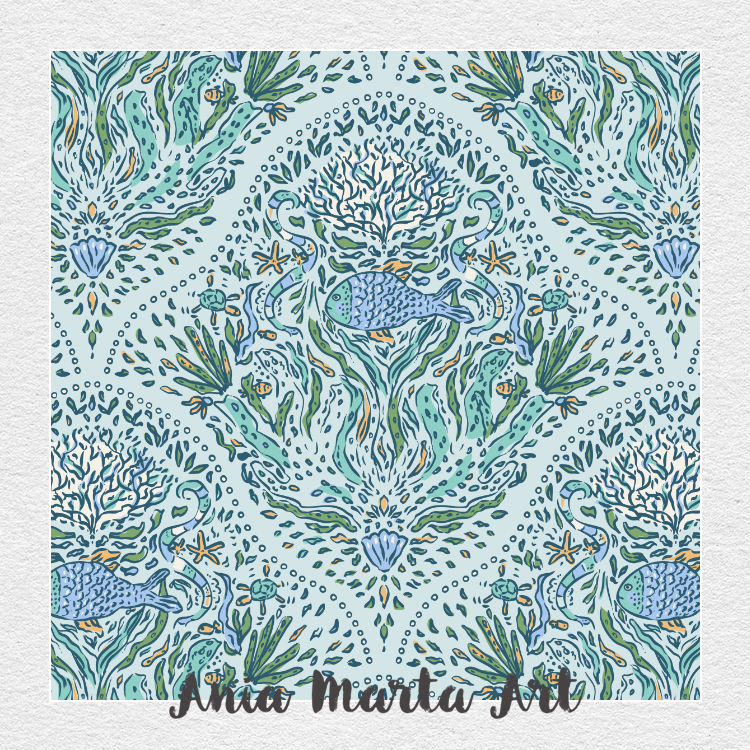 detailed artwork surface pattern design by Ania Marta Art with fish and underwater motifs