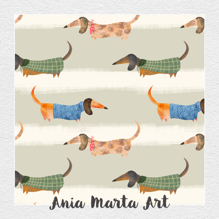 fun cute sausage dogs repeating pattern design by Ania Marta Art 