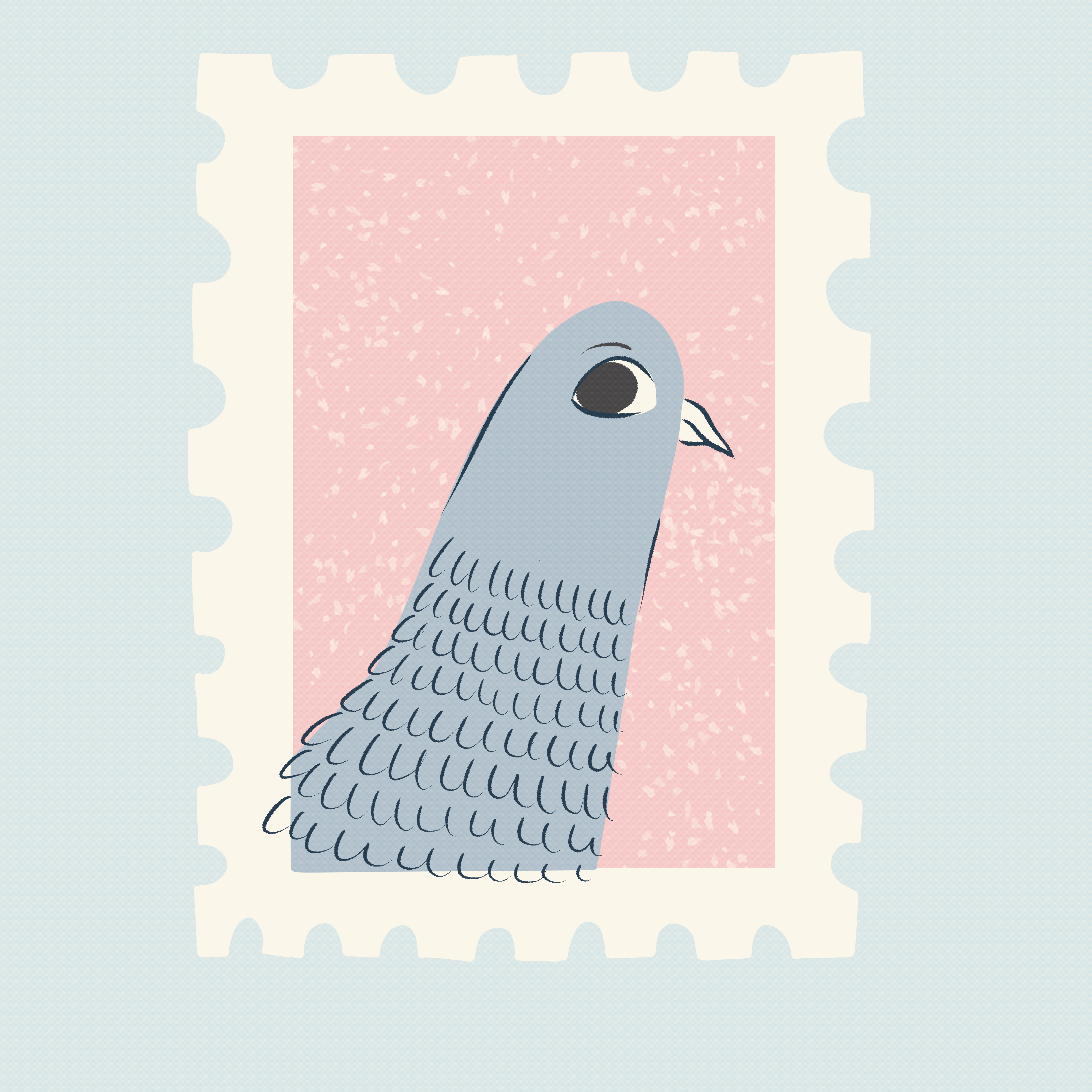 cute illustration of stylised pigeon blinking on a stamp