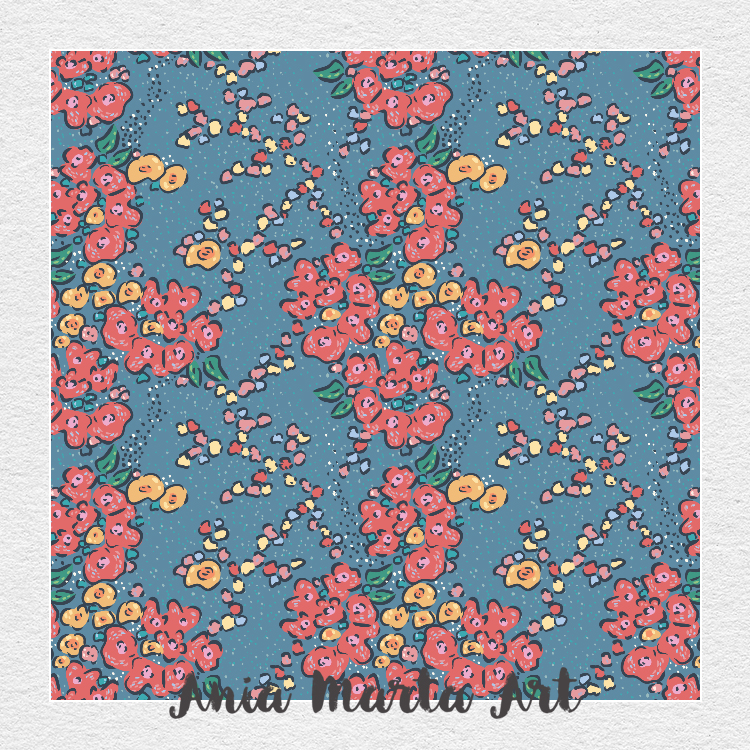 Hand-drawn, whimsical florals with nostalgic charm, rich in playful textures and dynamic composition, perfect for boutique textiles and storytelling-driven brands by Ania Marta Art