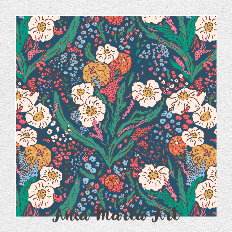 A seamless vintage floral pattern featuring cream-colored flowers, orange blossoms, and lush green leaves against a deep navy background. The hand-drawn details and vibrant color palette create a rich, textured botanical design. by Ania Marta Art