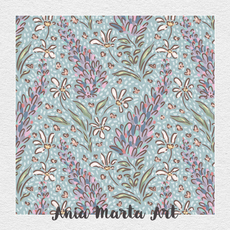 delicate cottage core surface pattern featuring lupin and daisy flowers , detailed, hand drawn , muted colours 