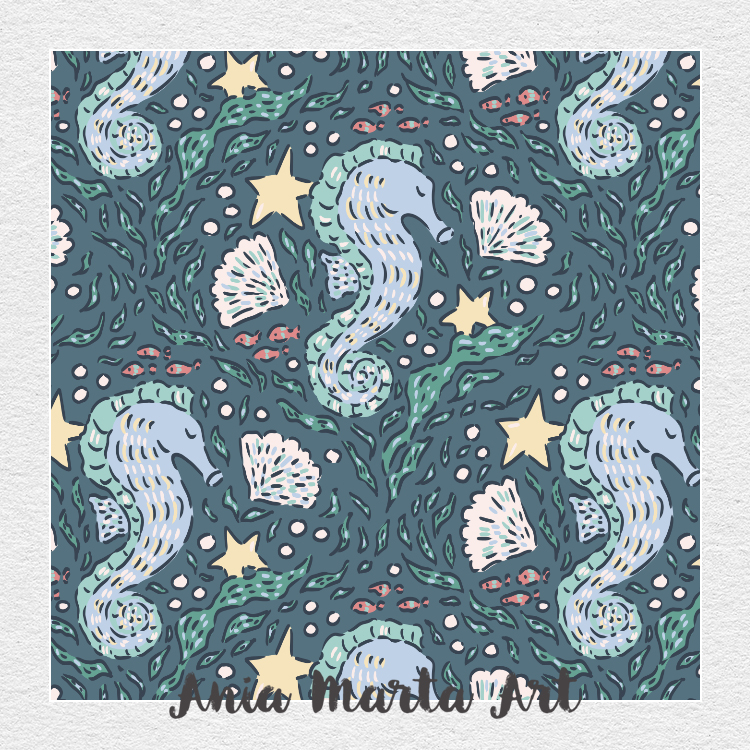 A whimsical repeating pattern of hand-drawn seahorses, starfish, shells, small fish, and seaweed. Set on a deep blue background with soft pastel tones in blues, greens, yellows, and pinks. The style is playful, perfect for children's designs or beach decor. Pattern by Ania Marta Art