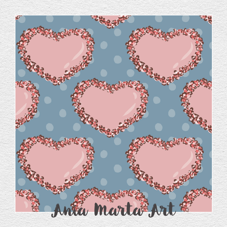 A playful heart pattern with decorative borders on a blue polka dot background. Perfect for whimsical textiles and romantic designs. Design by ania marta art