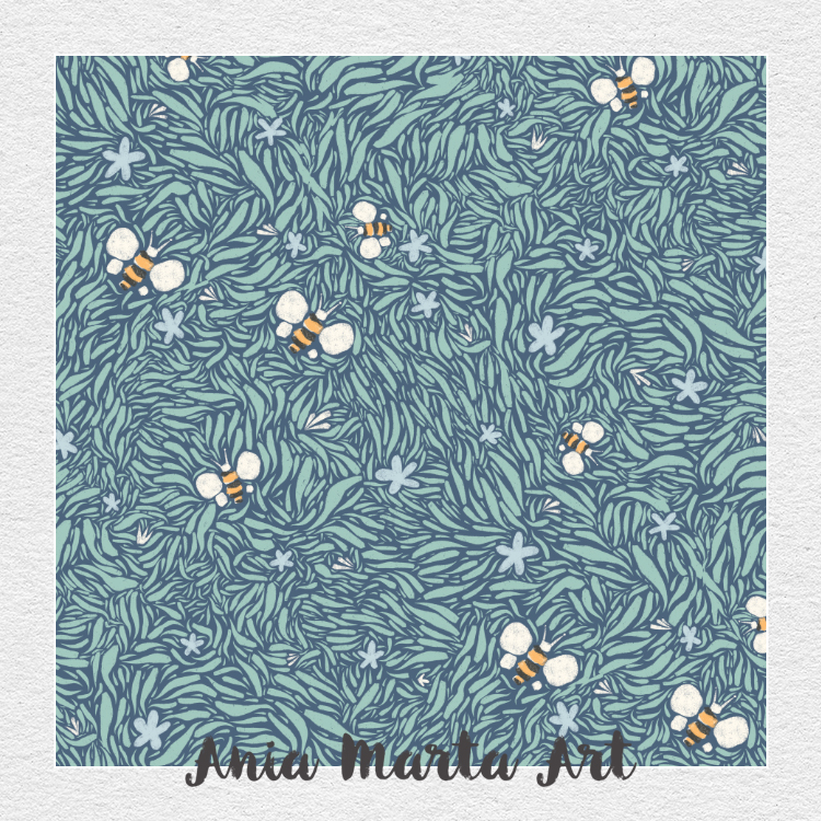 Whimsical hand-drawn pattern by Ania Marta Art featuring buzzing bees with white wings and orange-striped bodies, scattered among dense teal and blue leafy foliage with small light blue flowers
