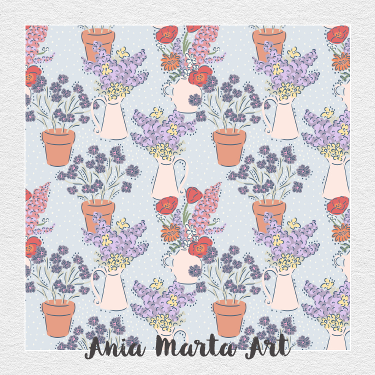 Charming floral pattern by Ania Marta Art featuring jugs and terracotta pots filled with lilac, yellow, and purple flowers, along with red poppies and orange blooms, set against a soft blue polka-dotted background.