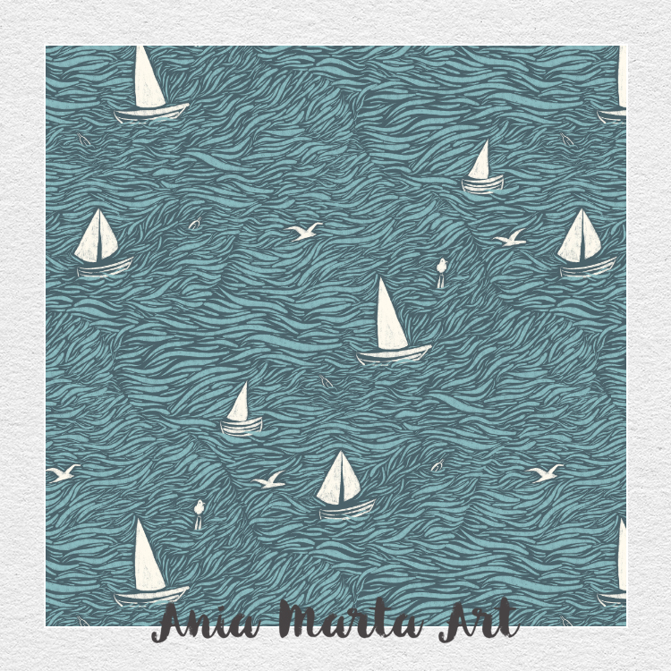 Hand-drawn nautical pattern by Ania Marta Art featuring cream-colored sailboats, seagulls, and tiny floating figures on textured teal ocean waves