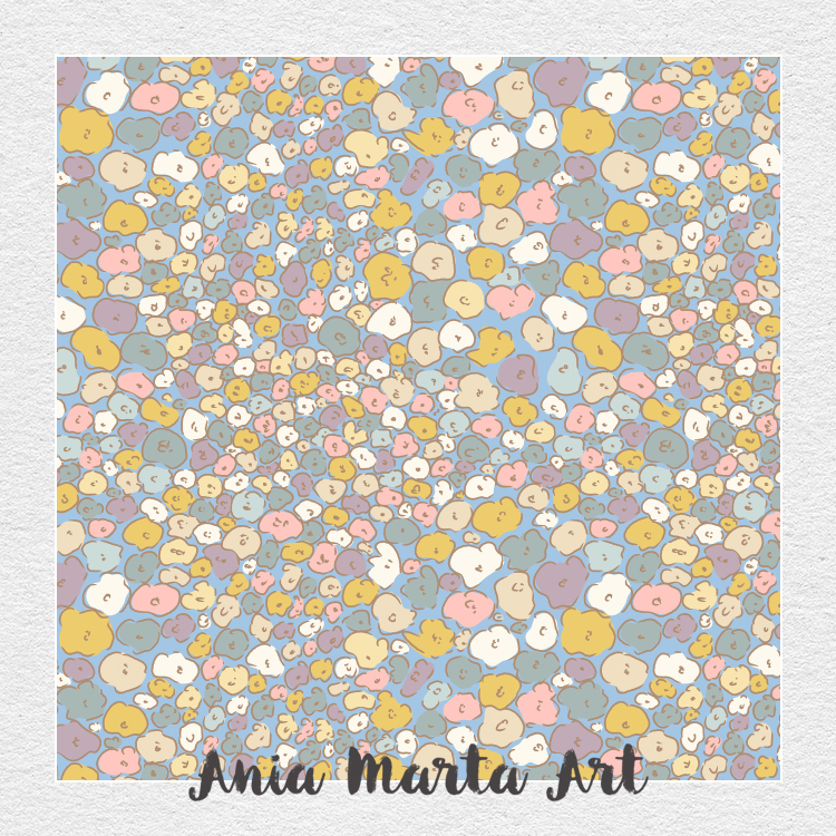 Delicate floral pattern by Ania Marta Art featuring clusters of small, loosely drawn flowers in pastel shades of yellow, pink, blue, cream, and lavender, scattered densely across the design