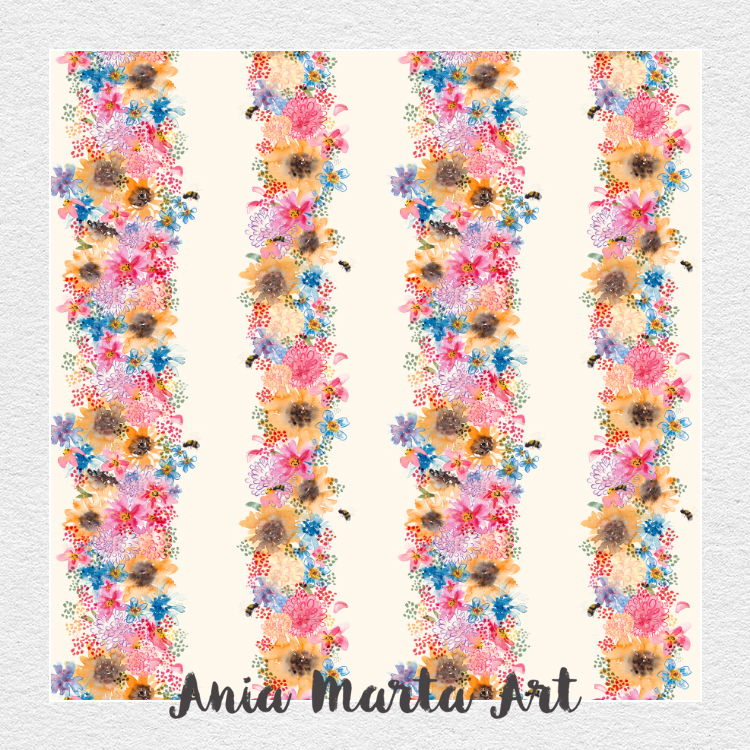 Hand-painted watercolor floral stripe pattern by Ania Marta Art, featuring vibrant blooms in pink, orange, blue, purple, and red with scattered bees, arranged in vertical stripes on a soft cream background by Ania Marta Art
