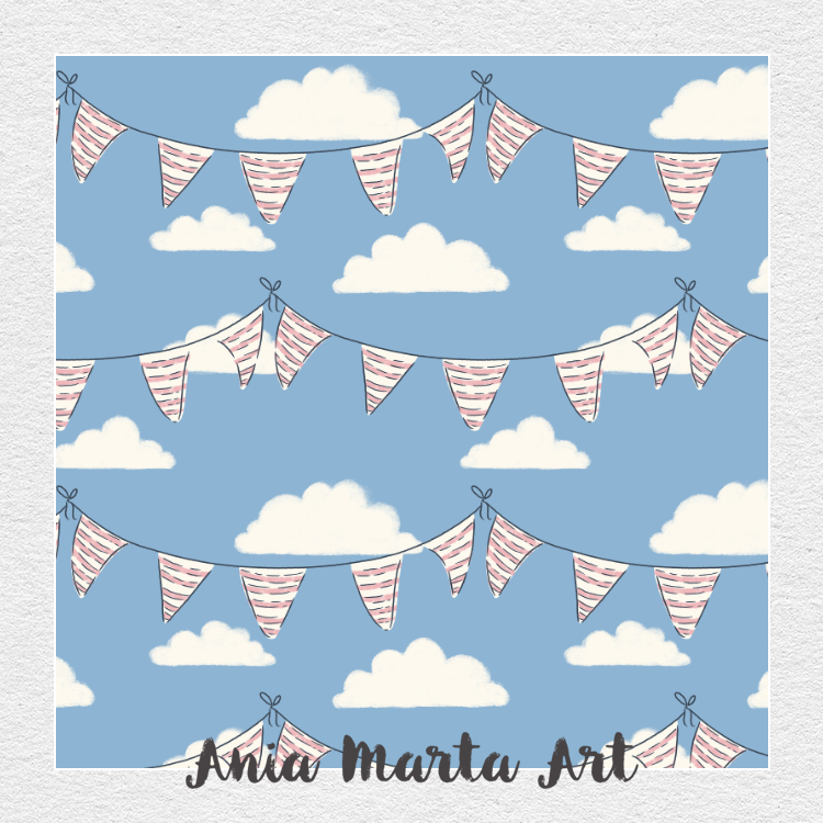 hand drawn pattern with bunting and clouds, blue sky by ania marta art