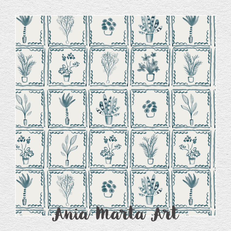 Hand-painted Delft-style tile pattern featuring botanical illustrations in soft blue tones, arranged in a repeating grid for use in textiles, wallpaper and home décor