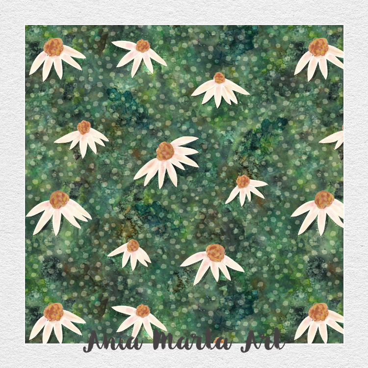 Mixed-media pattern of hand-painted white coneflowers with peach centres arranged over a deep, textured green watercolor background with layered dots and organic marks